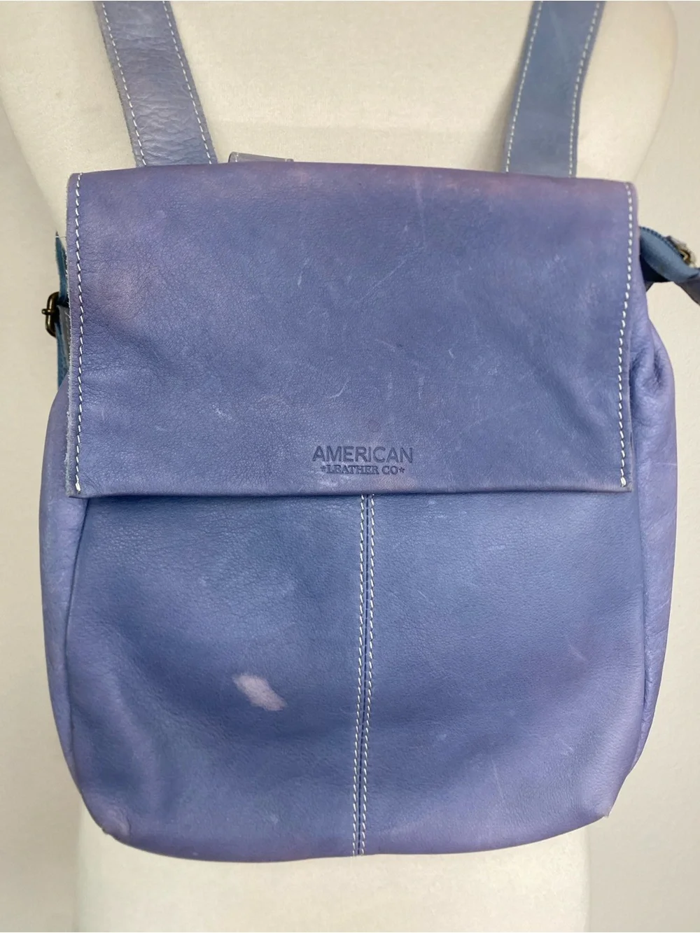 American Leather Co. Women Periwinkle Leather Flap Backpack Purse Coastal Casual